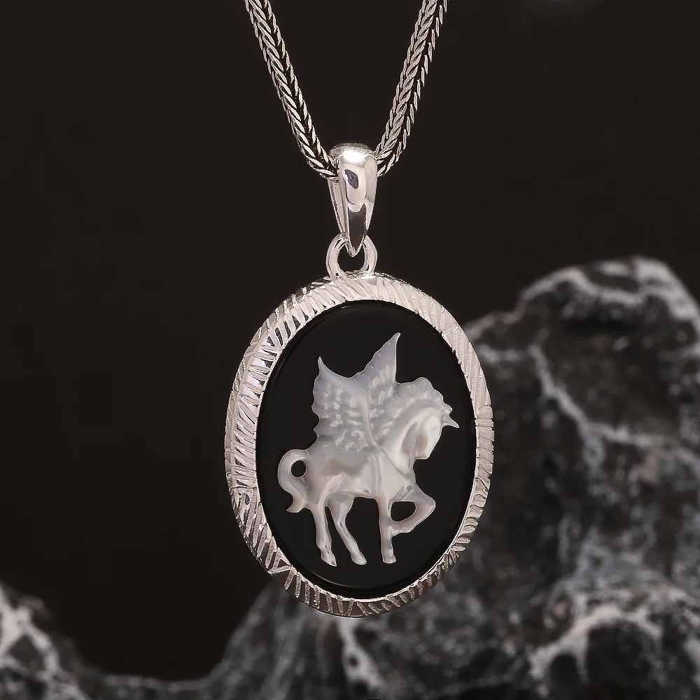 925 Sterling Silver Unicorn Cameo Onyx Ring Woman Black Onyx Earrings Pendant Round Shaped Fashion Vintage Jewelry Set