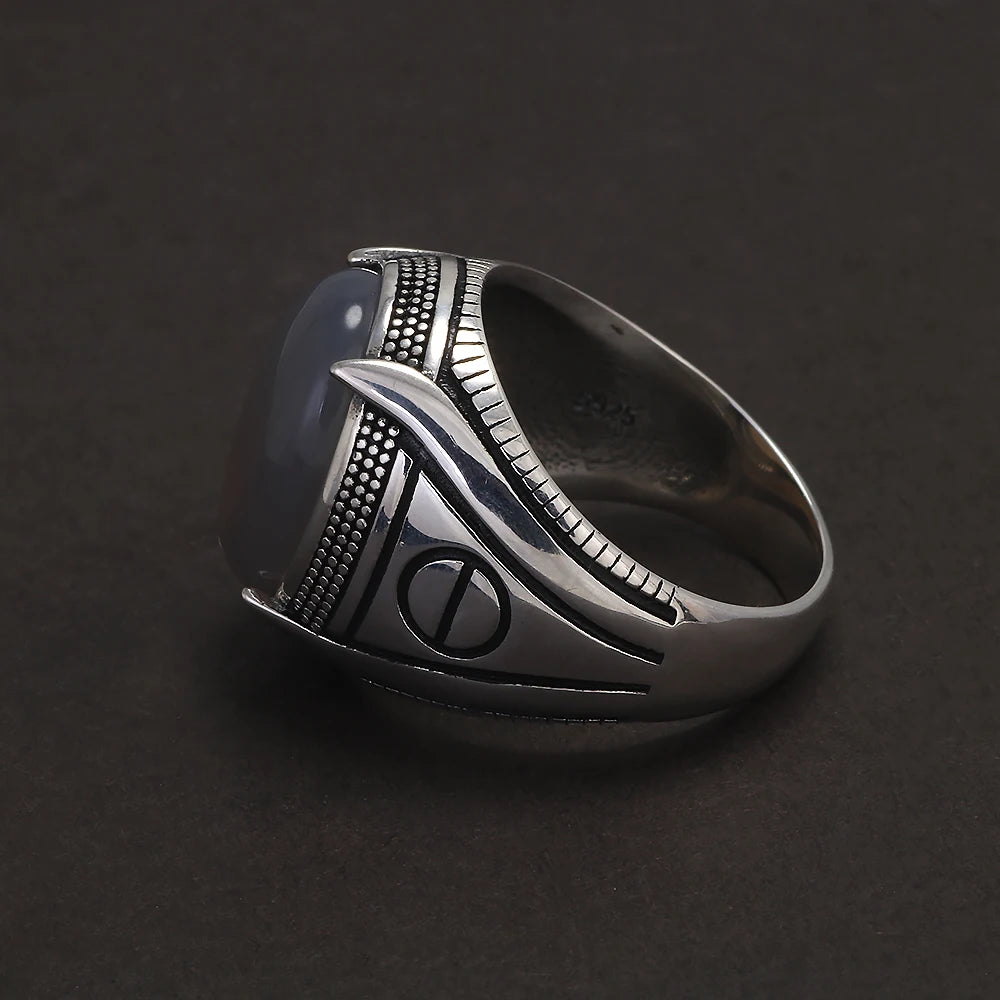 S925 Sterling Silver Agate Signet Ring for Men Turkish Wedding Ring Vintage Retro Fashion Motor Biker Party Jewelry