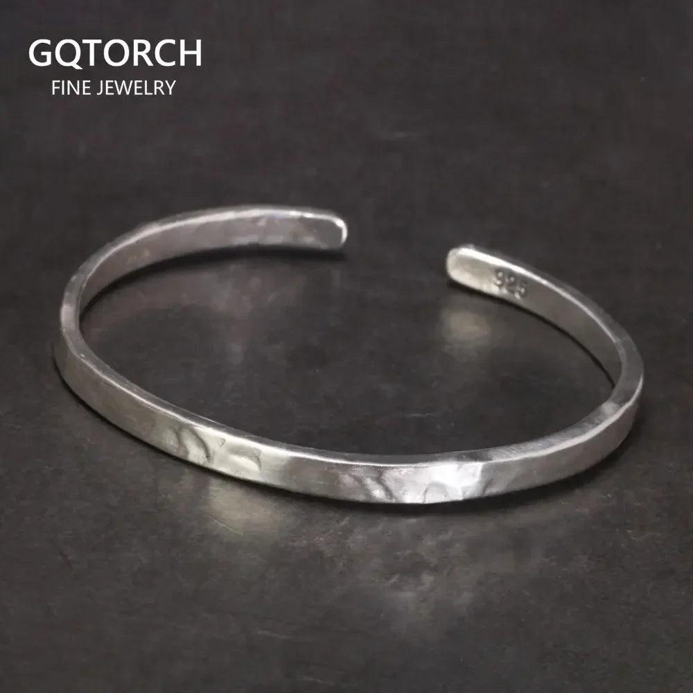 Real 925 Sterling Silver Hammered Cuff Bangles for Men and Women Handmade Polished Fine Jewelry - GQTORCH Jewelry