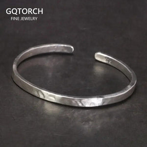 Real 925 Sterling Silver Hammered Cuff Bangles for Men and Women Handmade Polished Fine Jewelry - GQTORCH Jewelry