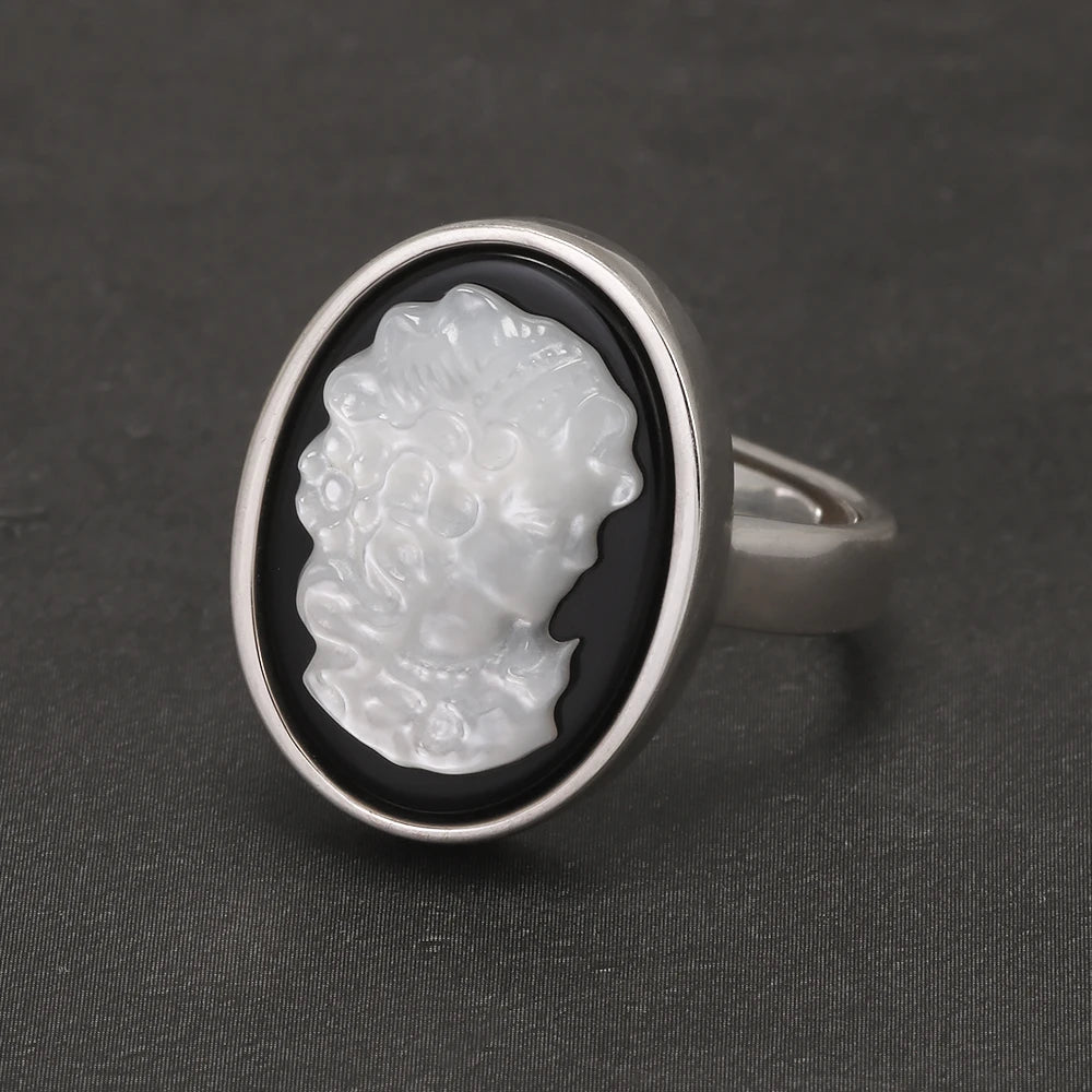 925 Sterling Silver Black Onyx Queen Cameo Ring for Women Double Sides Rotatable Rings Natural Shell Vintage Jewelry Adjustable