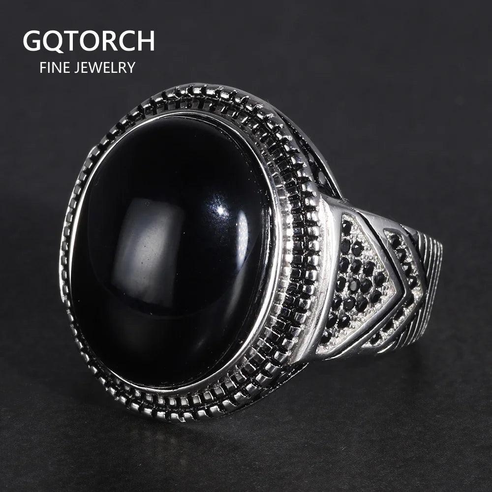 Real Pure 925 Silver Rings Cool Antique Turkey Ring For Men With Natural Stone Oval Black Onyx Turkish Jewellery Anelli Uomo - GQTORCH Jewelry