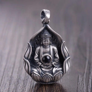 Real 999 Sterling Silver Guanyin Sits on Lotus Milefo Inside The Lens Buddha Mantra Pendant Retro Amulets Six Words Engraved - GQTORCH Jewelry