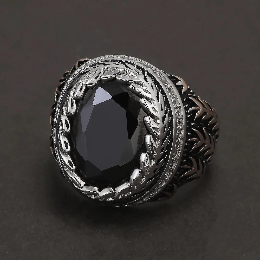 925 Sterling Silver Black Onyx Signet Ring for Men Wheat Engraved Oval Shaped Vintage Turkish Rings Male Jewelry Gift
