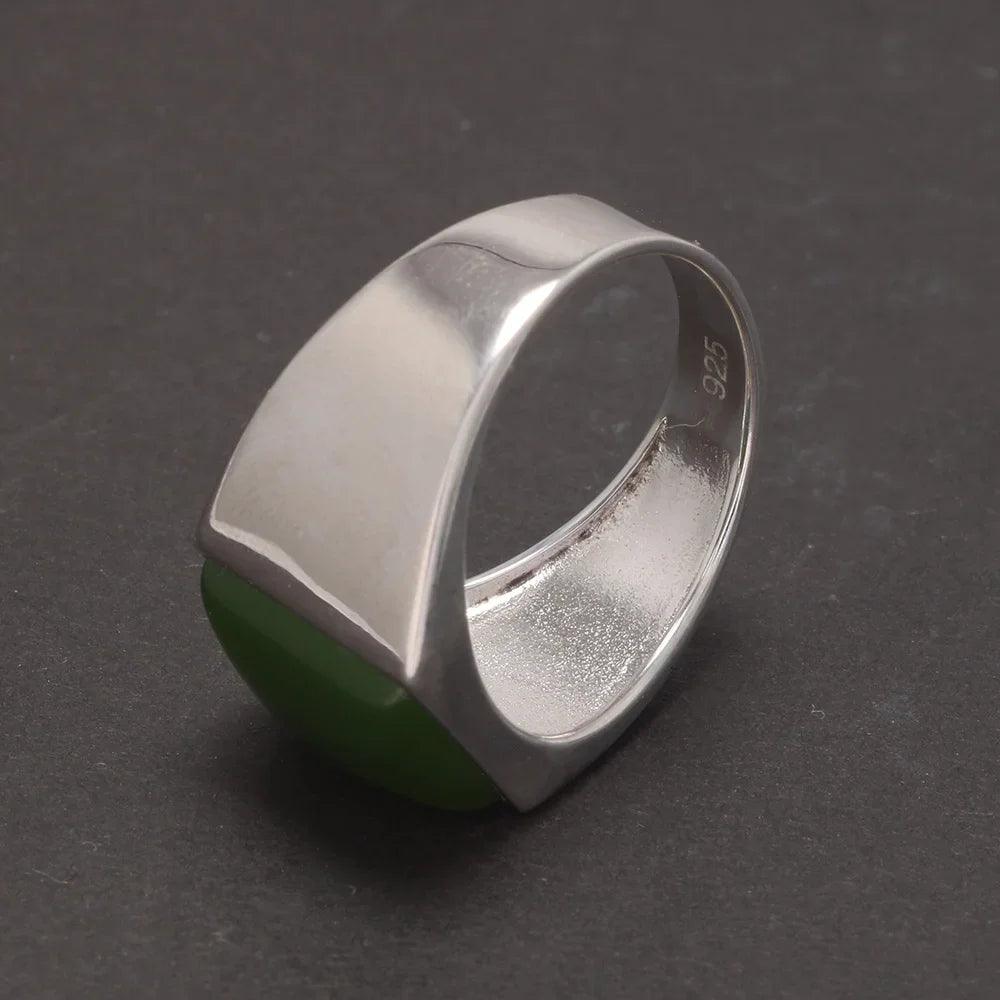 Real 925 Sterling Silver Green Agate Ring for Men Square Shape Natural Gemstone Band Minimalism Jewelry - GQTORCH Jewelry
