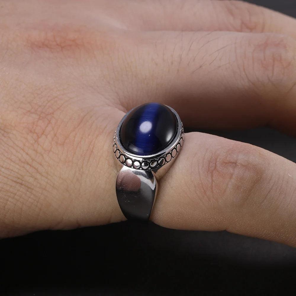 Real Pure 925 Silver Jewelry Blue Tiger Eyes Rings For Men And Women Oval Shape Natural Stone Simple Design Turkey Jewelry - GQTORCH Jewelry