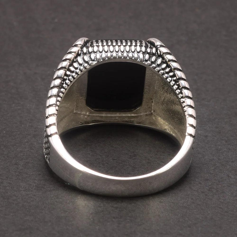 Real 925 Sterling Silver Mens Rings Black Natural Agate Stone With Claws Vintage Cool Fashion Turkey Jewelry - GQTORCH Jewelry