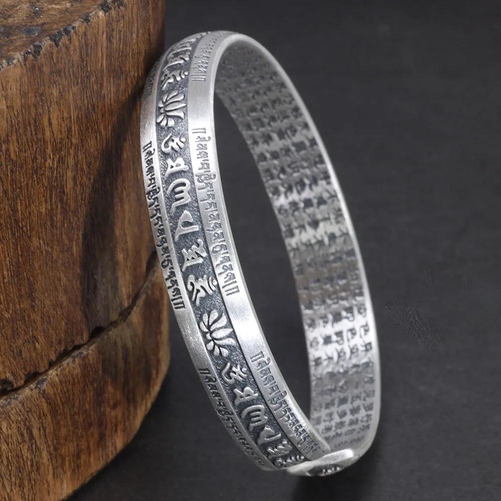 Real 999 Pure Silver Cuff Bangle Engraved Heart Sutra Six-character Mantra Retro Lovers Men's and Women's Bracelets Open Type - GQTORCH Jewelry