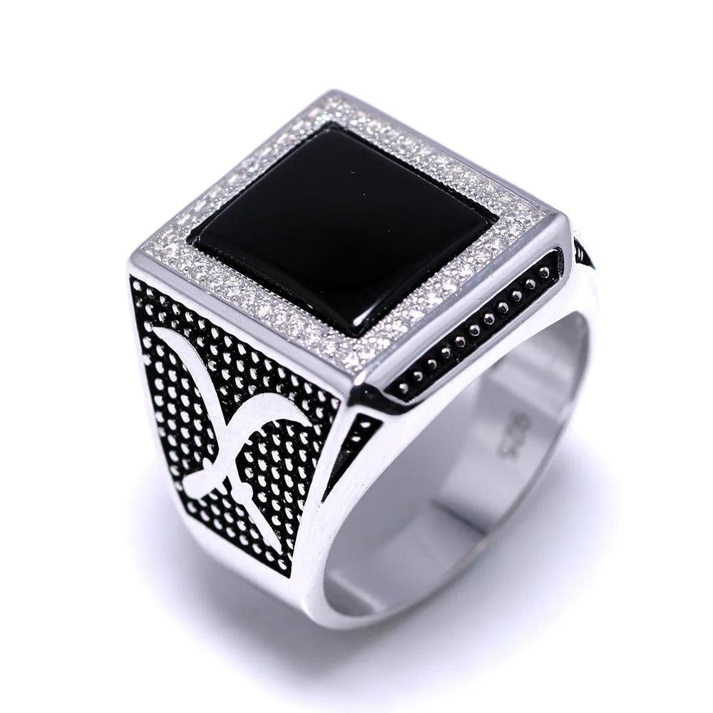 Real Solid 925 Sterling Silver Rings for Man with Stones Black Natural Onyx Micro Paved Cubic Zircon Cross Broadsword Pattern - GQTORCH Jewelry