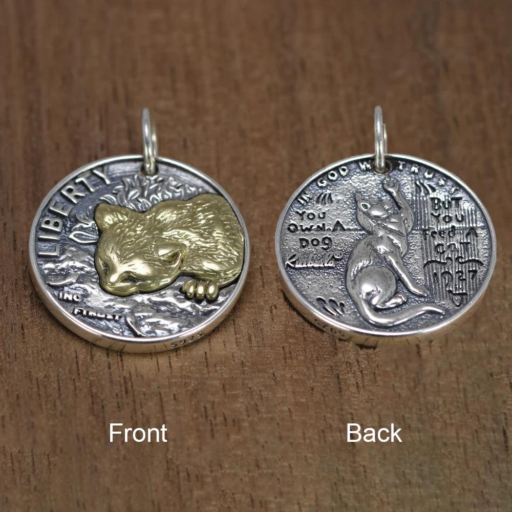 Real 925 Sterling Silver Double Sided Skull Pendant Men Women Retro Punk Style Coin Round Kitten Necklace - GQTORCH Jewelry