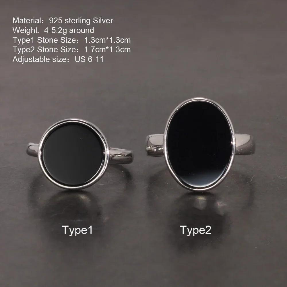 Real 925 Sterling Silver Ring Simple Round Ring Turkish Black Onyx Shell Minimalist Adjustable Jewelry for Men and Women - GQTORCH Jewelry