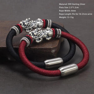 Real 999 Sterling Silver Pixiu Bracelet for Men and Women Magnetic Clasp Hand Braided Lucky Knot Retro Thai Amulet Jewelry - GQTORCH Jewelry