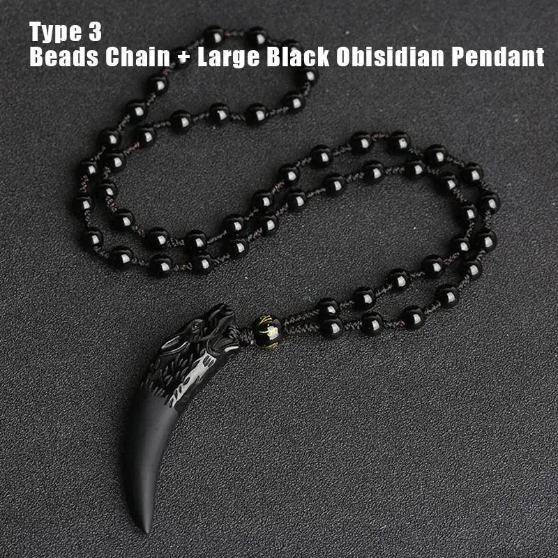 Natural Stone Black And Ice Obsidian Pendant Necklace Wolf Tooth Amulets And Talismans Couple Necklace For Women And Men - GQTORCH Jewelry