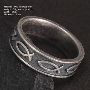 100% Real 999 Sterling Silver Jesus Fish Ring For Men Women 7 Fishes Antique Processing Ichthys Ichtus Christian Jewelry - GQTORCH Jewelry