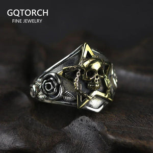 Real Pure 925 Sterling Silver Viking Ring Skull With Pentagram Gothic Punk Rock Rose Flower Carving Resizable For Men and Women - GQTORCH Jewelry