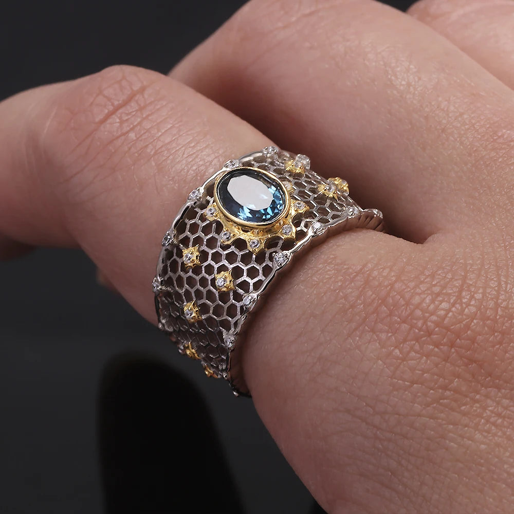 925 Sterling Silver Topaz Stone Women's Wedding Ring Wide Adjustable Hollow Out Luxury Royal Style Vintage Fashion Jewelry