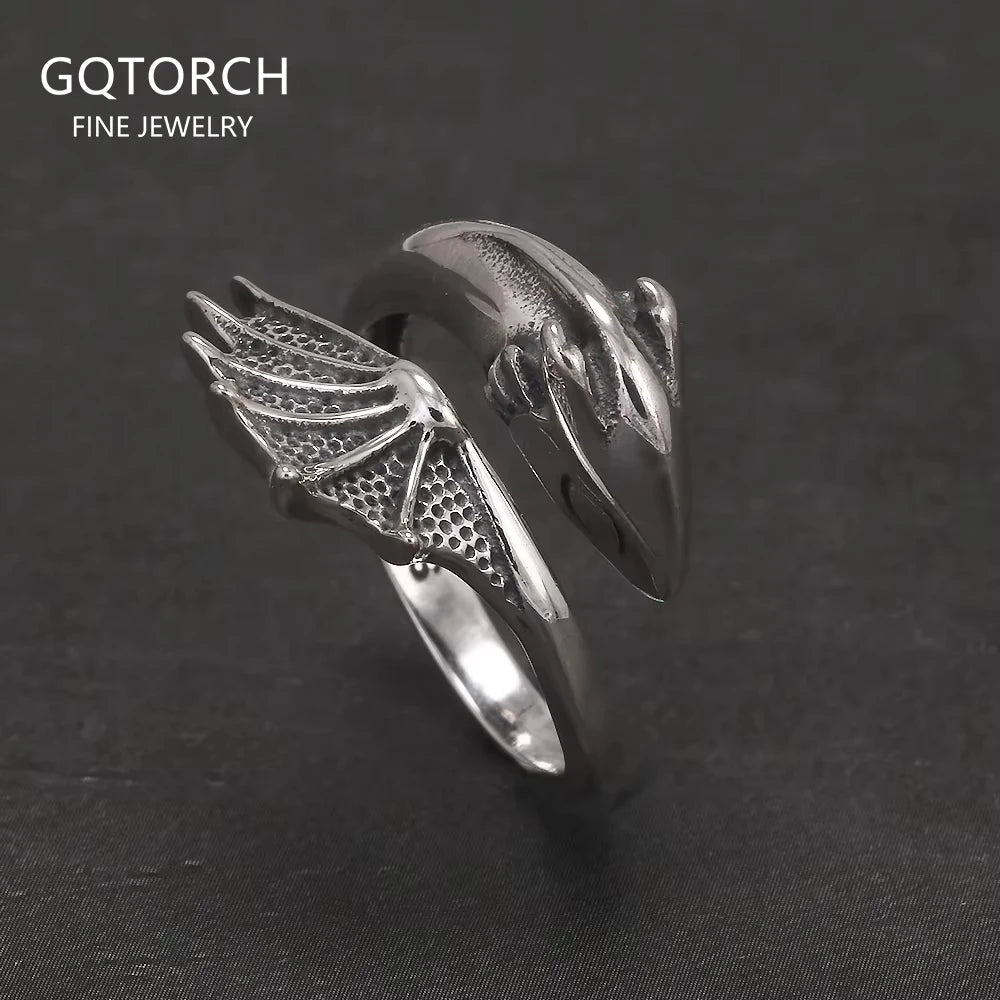 S925 Silver Gothic Pterodactyl Wing Open Ring for Women Men Dragon Punk Retro Rings Adjustable Trendy Jewelry Party  Accessories