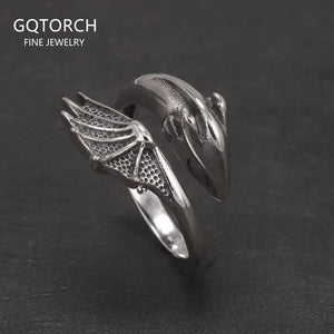 S925 Silver Gothic Pterodactyl Wing Open Ring for Women Men Dragon Punk Retro Rings Adjustable Trendy Jewelry Party  Accessories