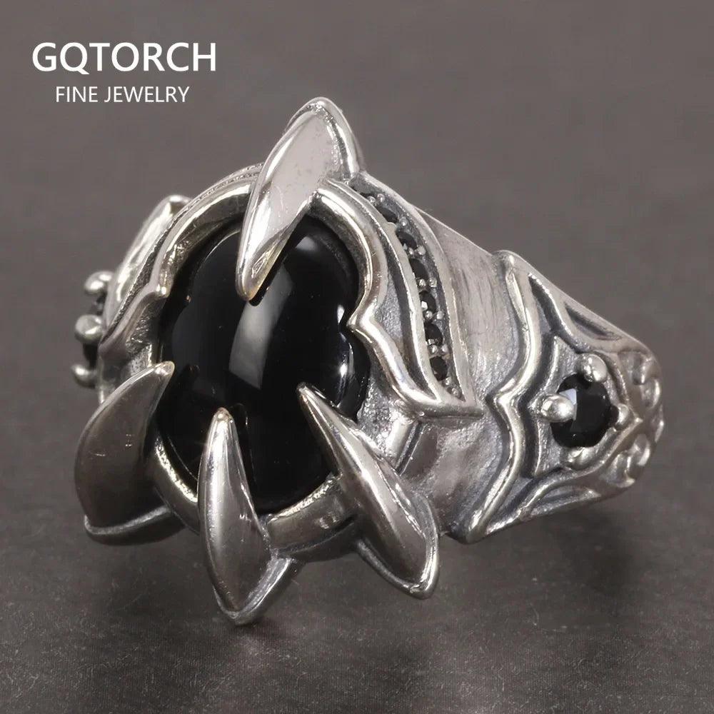 Real Pure 925 Silver Ring Cool Antique Paw Ring Men's Natural Stone Oval Black Agate Retro Hip Hop Adjustable Jewelry - GQTORCH Jewelry
