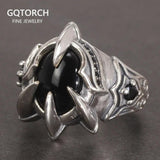Real Pure 925 Silver Ring Cool Antique Paw Ring Men's Natural Stone Oval Black Agate Retro Hip Hop Adjustable Jewelry - GQTORCH Jewelry
