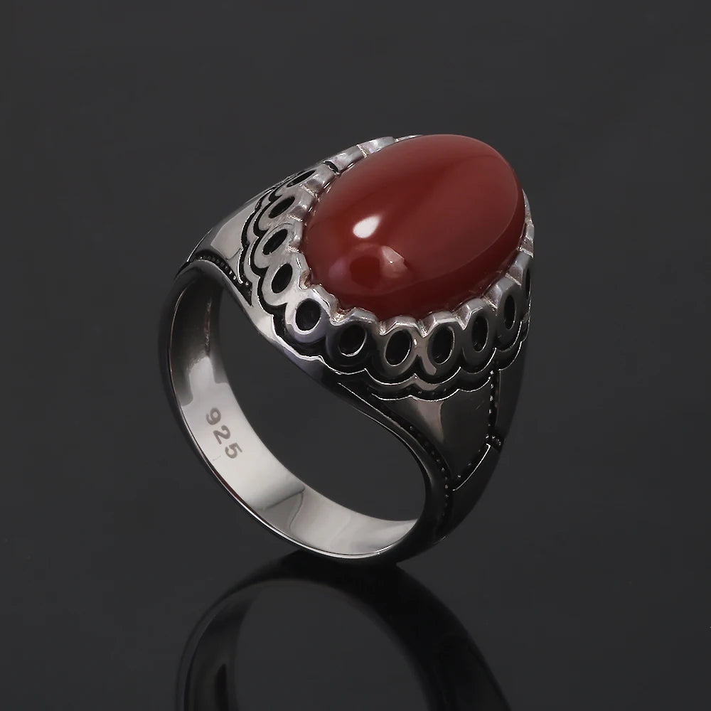 Authenic 925 Sterling Silver Men's Signet Ring with Black/Red Agate Vintage Trendy Wedding Rings Unisex Handmade Turkey Jewelry