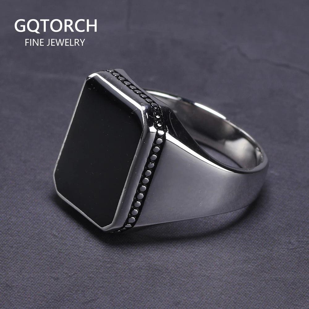 Real Solid 925 Sterling Silver Ring Simple For Men With Black Square Flat Gel Stone High Polishing Middle East Turkish Jewelry - GQTORCH Jewelry