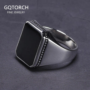 Real Solid 925 Sterling Silver Ring Simple For Men With Black Square Flat Gel Stone High Polishing Middle East Turkish Jewelry - GQTORCH Jewelry