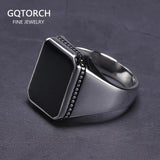 Real Solid 925 Sterling Silver Ring Simple For Men With Black Square Flat Gel Stone High Polishing Middle East Turkish Jewelry - GQTORCH Jewelry