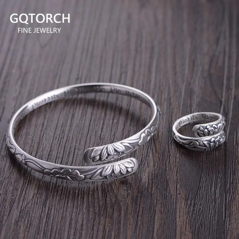 Real Pure 999 Sterling Silver Lotus Cuff Bracelet For Women Flower Engraving Buddhist Jewelry - GQTORCH Jewelry