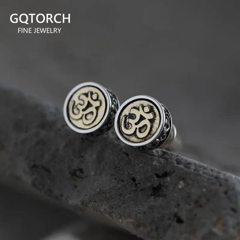 Real 925 Sterling Silver OM Mantra Stud Earrings For Women and Men Retro Antique Style Six-Word Sutra Buddhism Jewelry - GQTORCH Jewelry