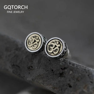 Real 925 Sterling Silver OM Mantra Stud Earrings For Women and Men Retro Antique Style Six-Word Sutra Buddhism Jewelry - GQTORCH Jewelry