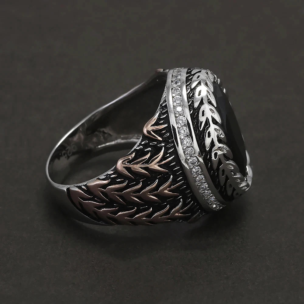 925 Sterling Silver Black Onyx Signet Ring for Men Wheat Engraved Oval Shaped Vintage Turkish Rings Male Jewelry Gift