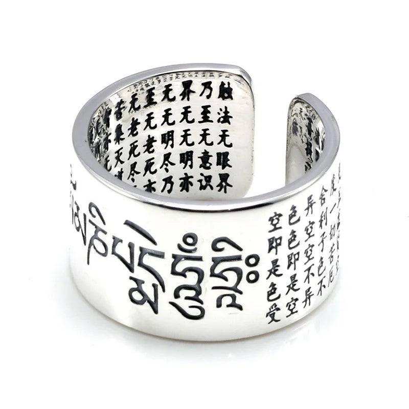 Solid 999 Sterling Silver Sanskrit Buddhist Mantra Rings Wide For Men And Women Six Words Sutra Signet Rings Prayer Jewelry - GQTORCH Jewelry