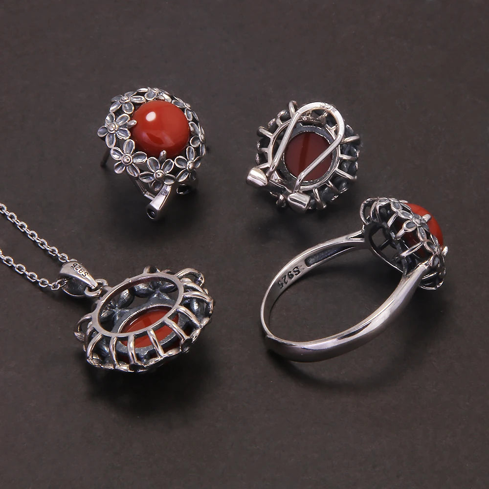 925 Sterling Silver Red Agate or Jade Floral Jewelry Set for Women Begonia Flower Ring Earrings Necklace Elegant Vintage Jewelry