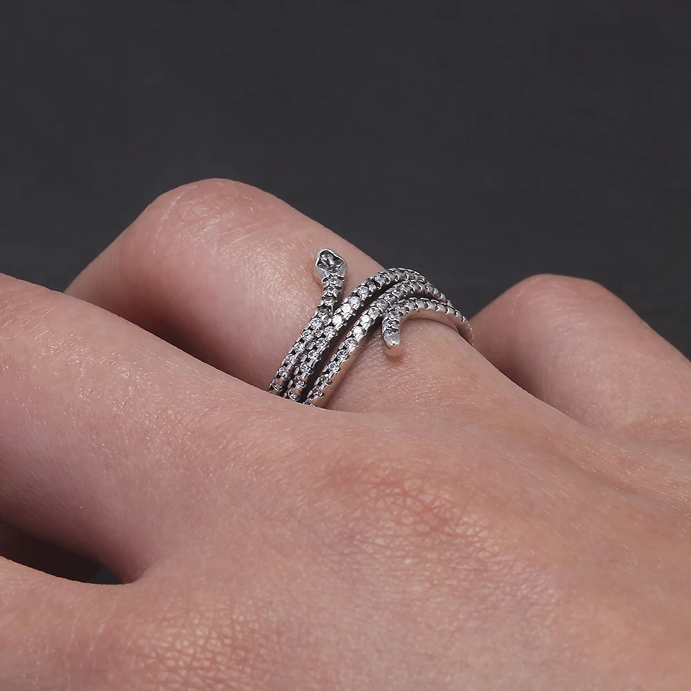 100% 925 Sterling Silver Retro Snake Ring for Women Micro Inlaid Zircon Fashion Animal Rings Punk Party Jewelry Accessories
