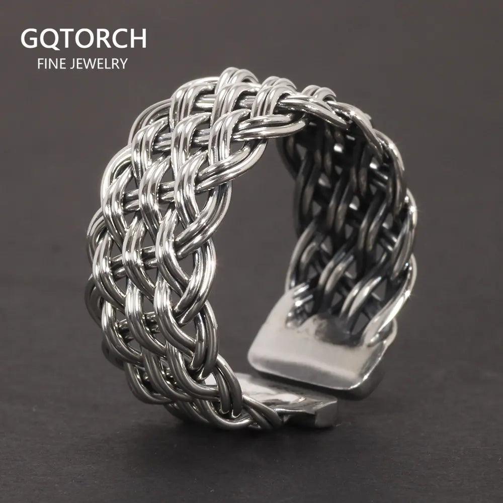 S925 Sterling Silver 2-Thread Braided Ring Viking Band Adjustable Size 7-10 Handmade Jewelry - GQTORCH Jewelry