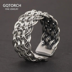 S925 Sterling Silver 2-Thread Braided Ring Viking Band Adjustable Size 7-10 Handmade Jewelry - GQTORCH Jewelry