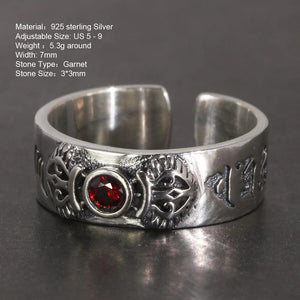 Real Pure 925 Sterling Silver Mantra Ring For Women With Natural Garnet Vintage Style Six Words Buddhist Jewelry Opening Type - GQTORCH Jewelry