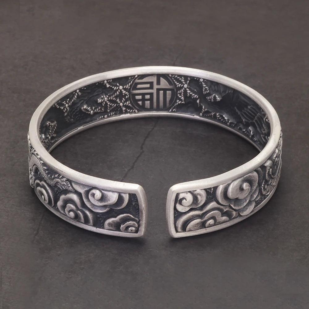 999 Pure Silver Dragon Phoenix Blessing Open Cuff Bracelet Retro Men‘s Bangle Vintage Chinese Auspicious Feng Shui Luck Jewelry - GQTORCH Jewelry