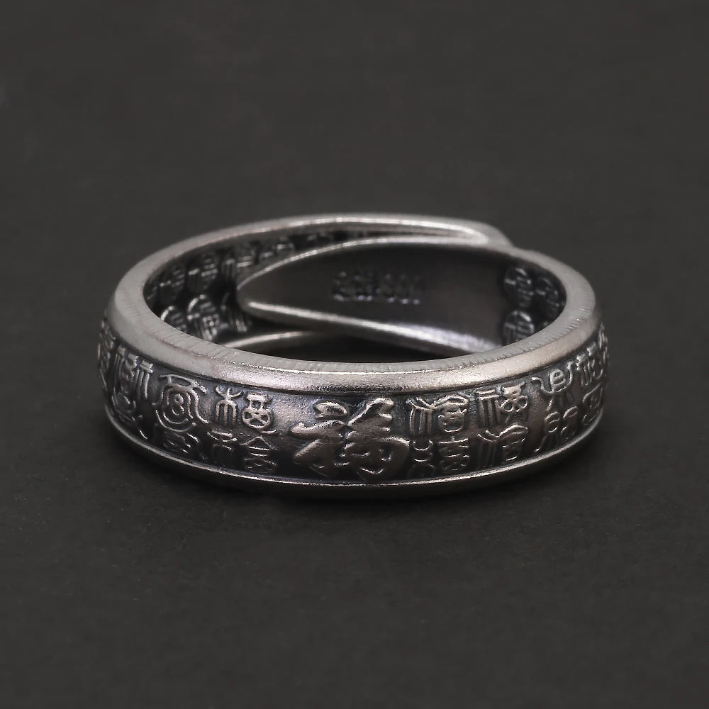 999 Pure Silver Feng Shui Good Luck Ring for Women Men Chinese Calligraphy Character Fu Blessing Adjustable Vintage Jewelry
