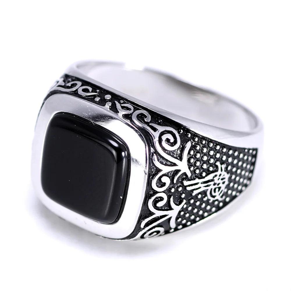 Vintage Punk Silver 925 Jewelry Square Black Stone Rings For Men Engraved Retro Flowers Turkish Signet Man Rings - GQTORCH Jewelry