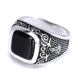 Vintage Punk Silver 925 Jewelry Square Black Stone Rings For Men Engraved Retro Flowers Turkish Signet Man Rings - GQTORCH Jewelry