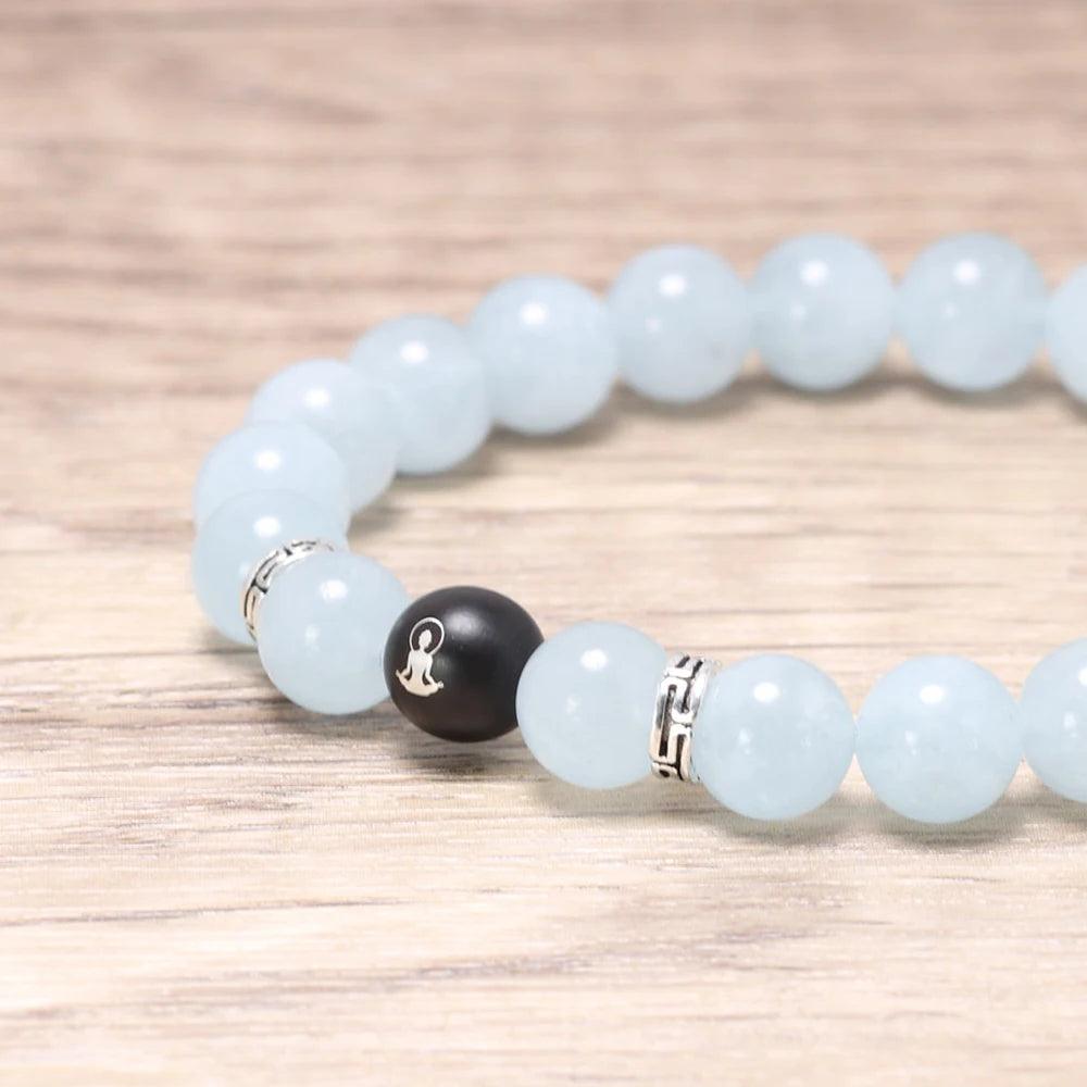 Natural Aquamarine Beads Bracelet with Lotus Finger Meditation Sandalwood Bead 925 Sterling Silver Accessories Men and Women - GQTORCH Jewelry