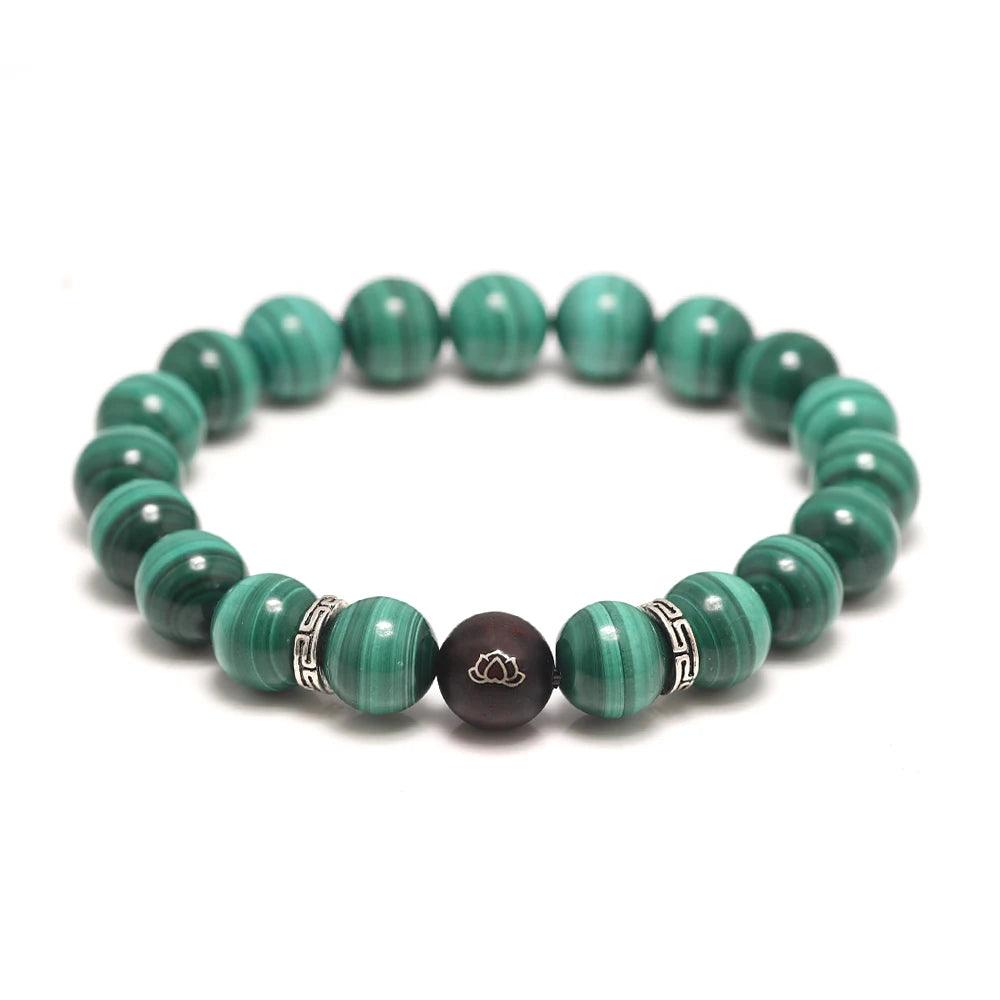 Natural Malachite Beads Bracelet Lotus Meditation Sandalwood Bead 925 Sterling Silver Accessories Jewelry for Men and Women - GQTORCH Jewelry