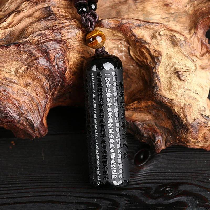 Natural Black Obsidian Prajna Paramita Sutra Engraved Buddha Necklace Pendant Lucky Tiger Eyes Beads Rope Chain For Men Women - GQTORCH Jewelry