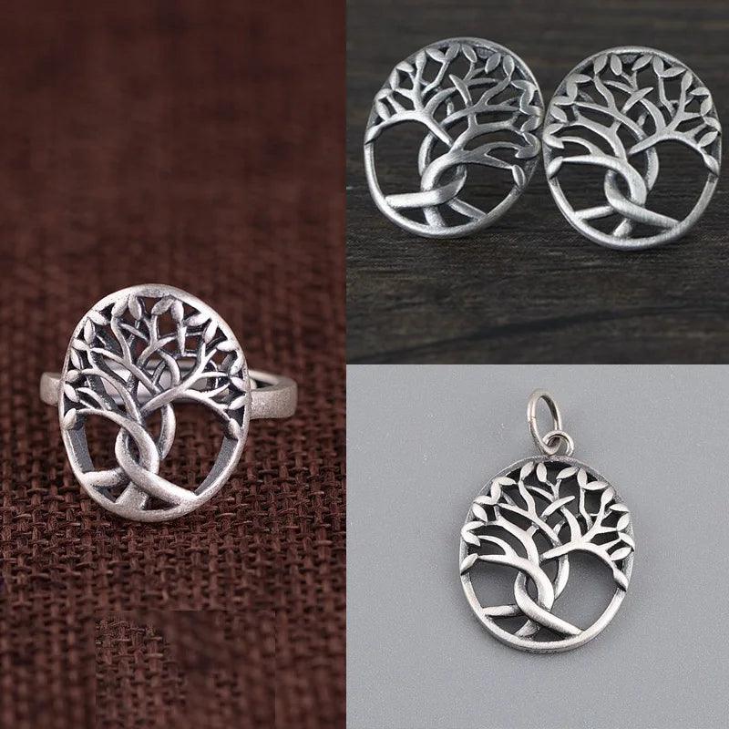 Real 925 Sterling Silver Tree of Life for Women Hollow Design Rings Earrings Pendant Jewelry Set Antient Viking Jewelry - GQTORCH Jewelry