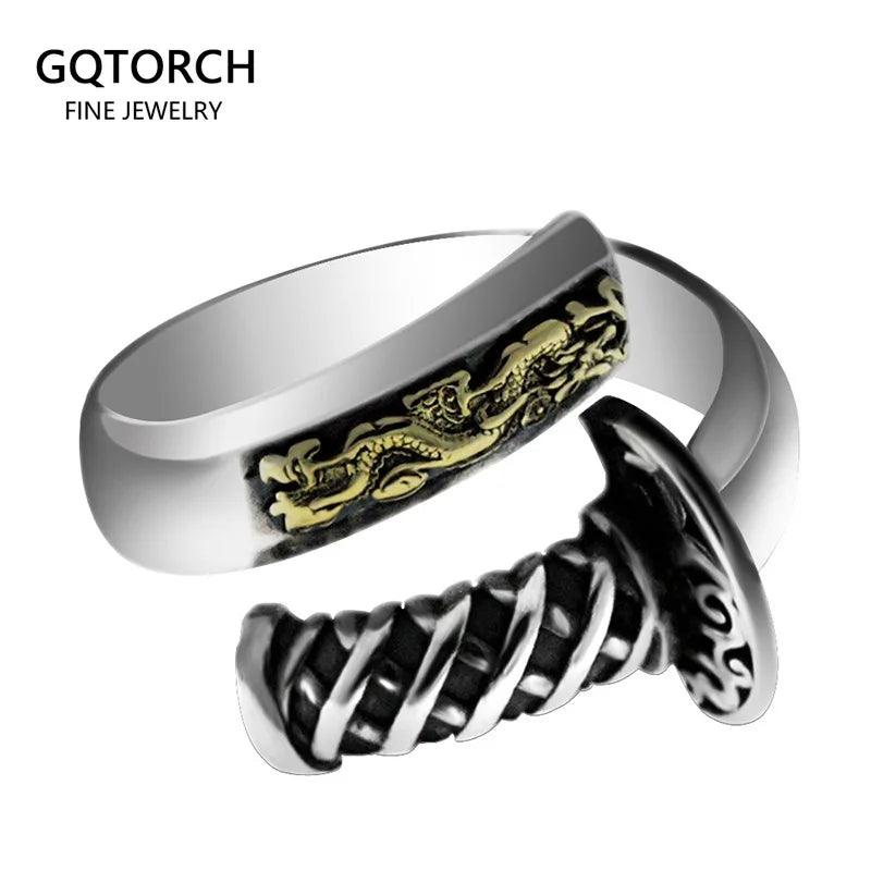 Real Pure 925 Sterling Silver Katana Finger Ring Biker Animal Jewelry Flying Dragon Rings For Men - GQTORCH Jewelry