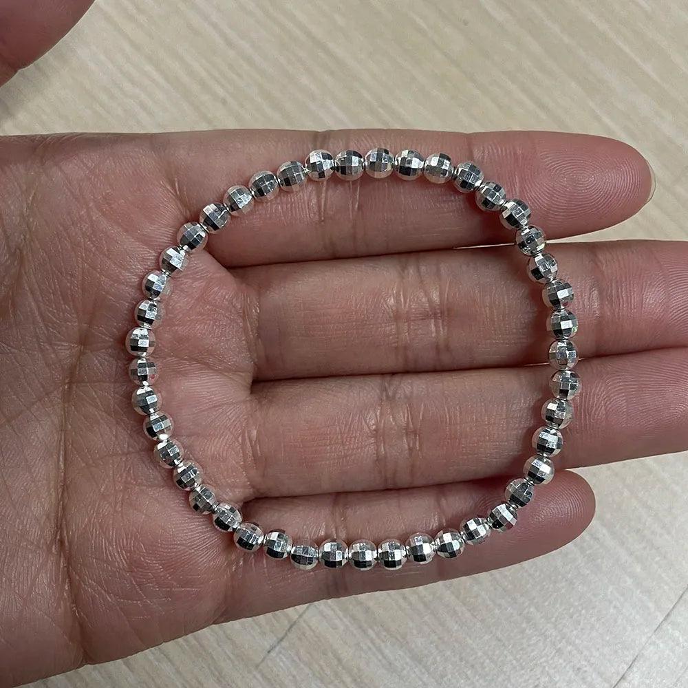 Real Pure 999 Sterling Silver Elastic String Faceted Beads Bracelet For Ladies Kids Minimalism Jewelry - GQTORCH Jewelry