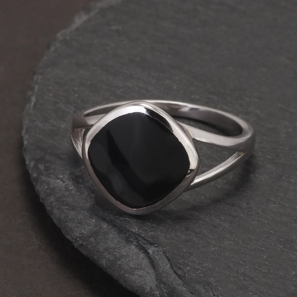 925 Sterling Silver Geometric Black Mirror Ring for Women Enameling Simple Fashion Jewelry Gift for Her