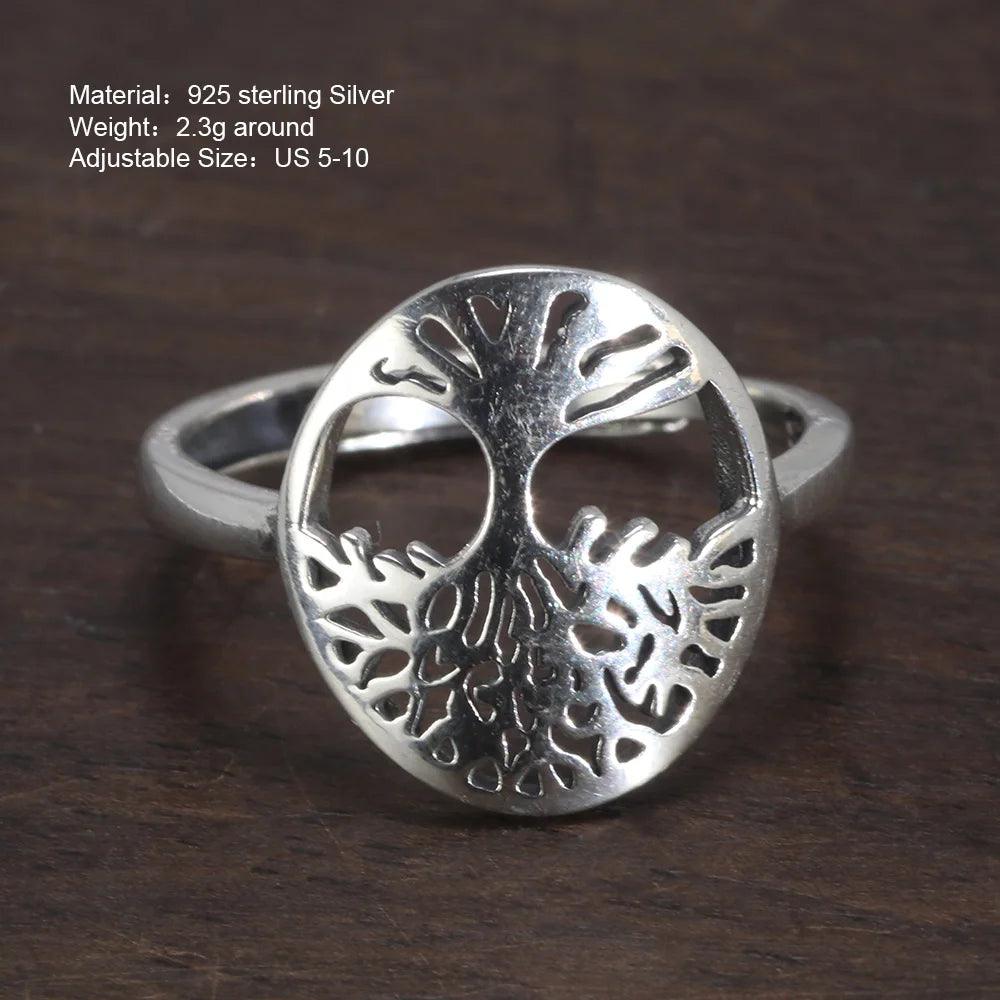 Real 925 Sterling Silver Tree of Life Ladies Ring Hollow Design Viking Jewelry Resizable US Size 5-10 - GQTORCH Jewelry
